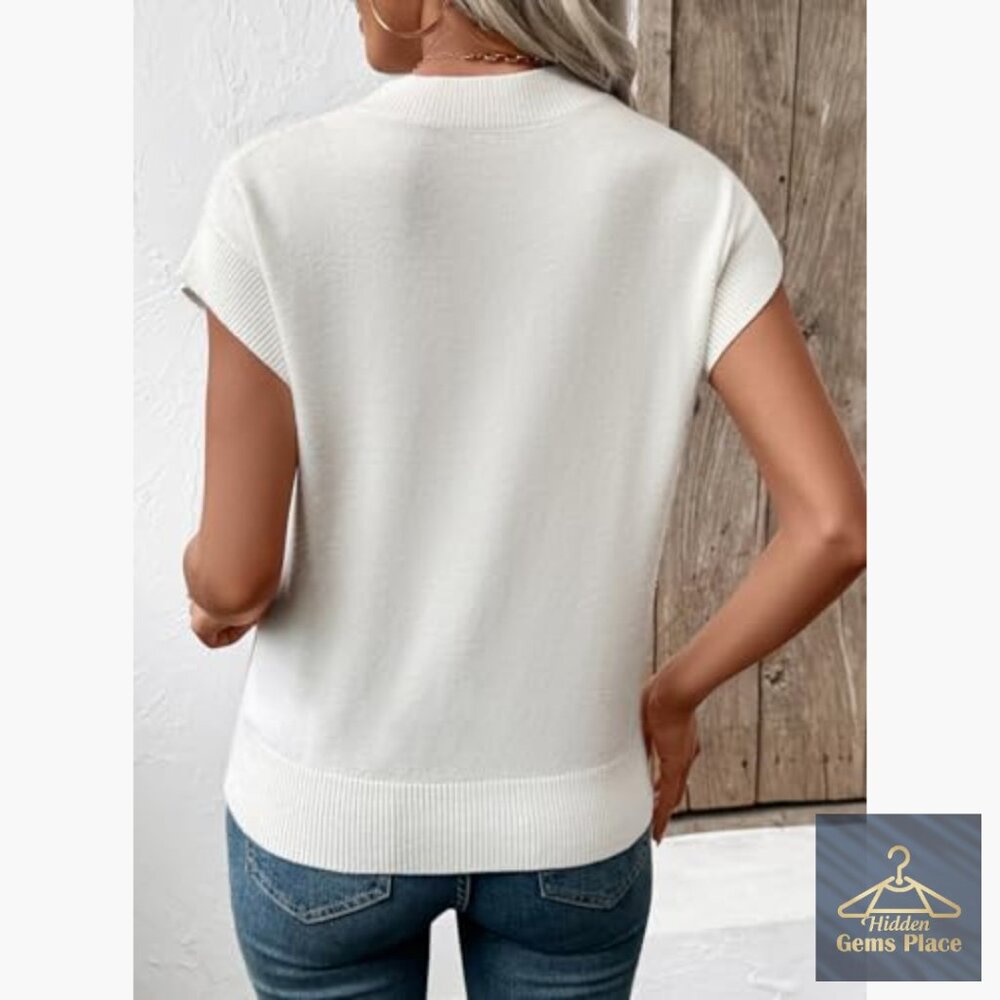 Short Sleeve Crewneck Sweater Vest, Color Block Knit Top, Relaxed Fit - Picture 3 of 7